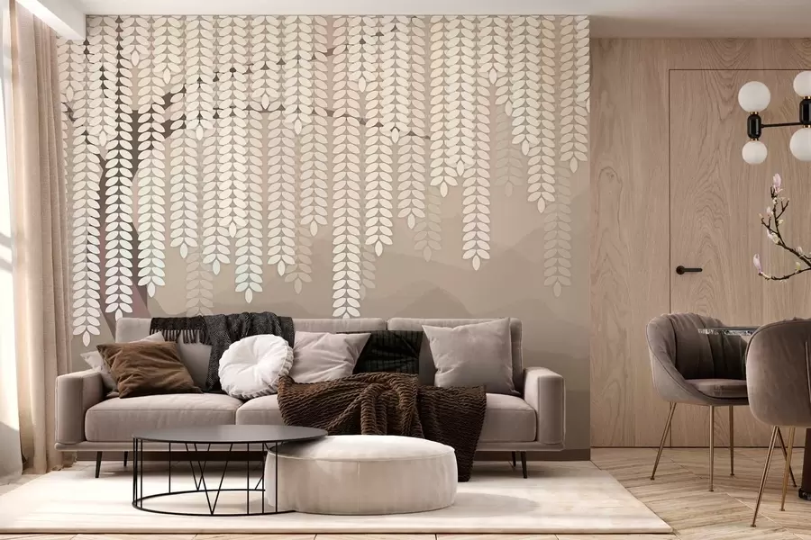 Fototapety stylizovaný vŕbový strom s visiacimi listami na pozadí minimalistických hôr v odtieňoch kávy w05232v2