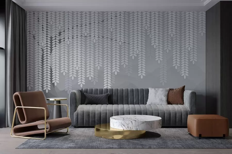 Fototapety stylizovaný vŕbový strom s visiacimi listami na pozadí minimalistických hôr v odtieňoch šedej farby w05232v3