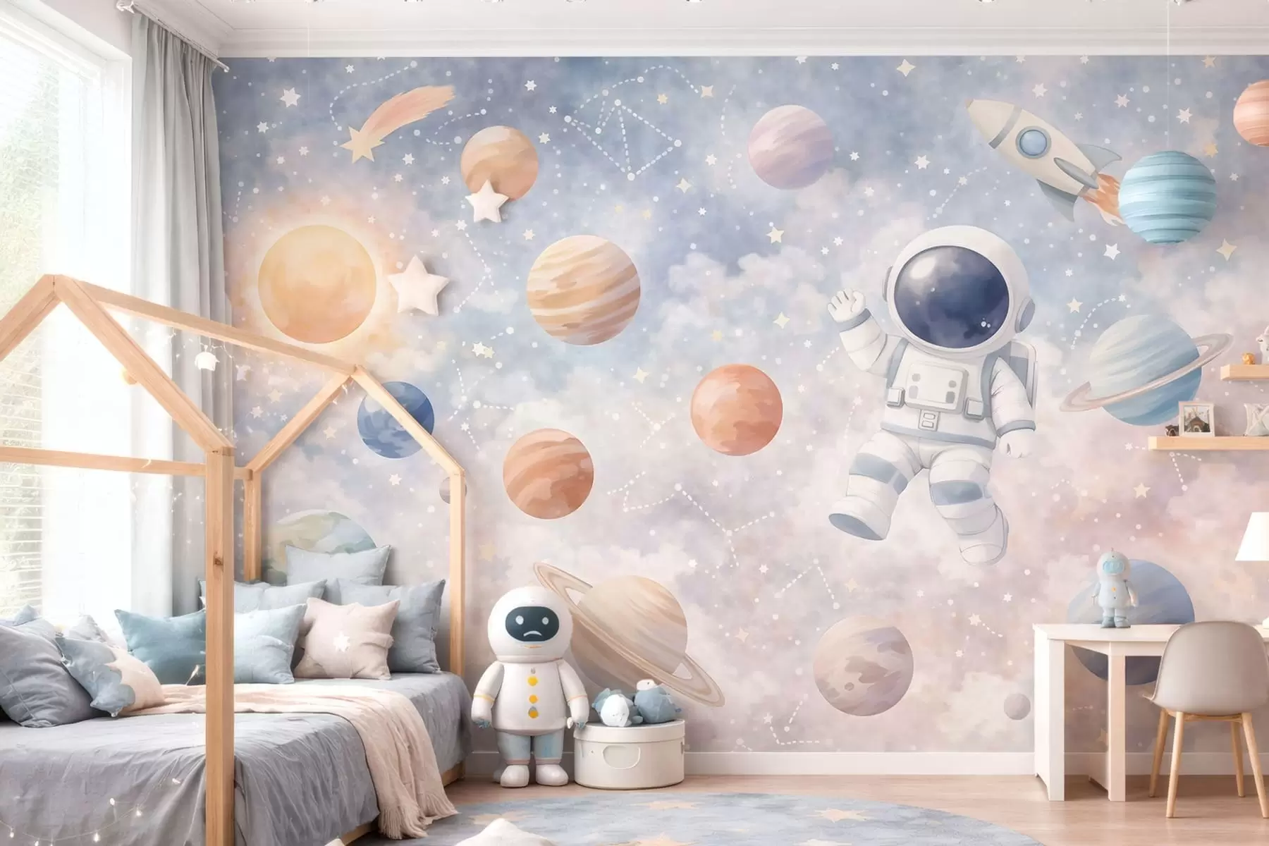 Fototapety malý astronaut medzi planétami a hviezdami w05233