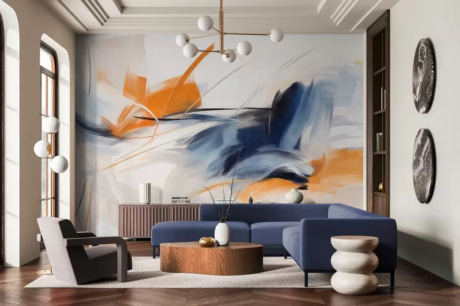 Fototapety Abstraktný maliarsky štýl s oranžovými a modrými štruktúrovanými ťahmi štetcom w09755