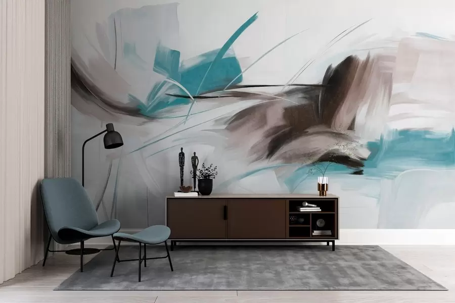 Fototapety Abstraktný maliarsky štýl s hnedými a modrými štruktúrovanými ťahmi štetcom w09755v1