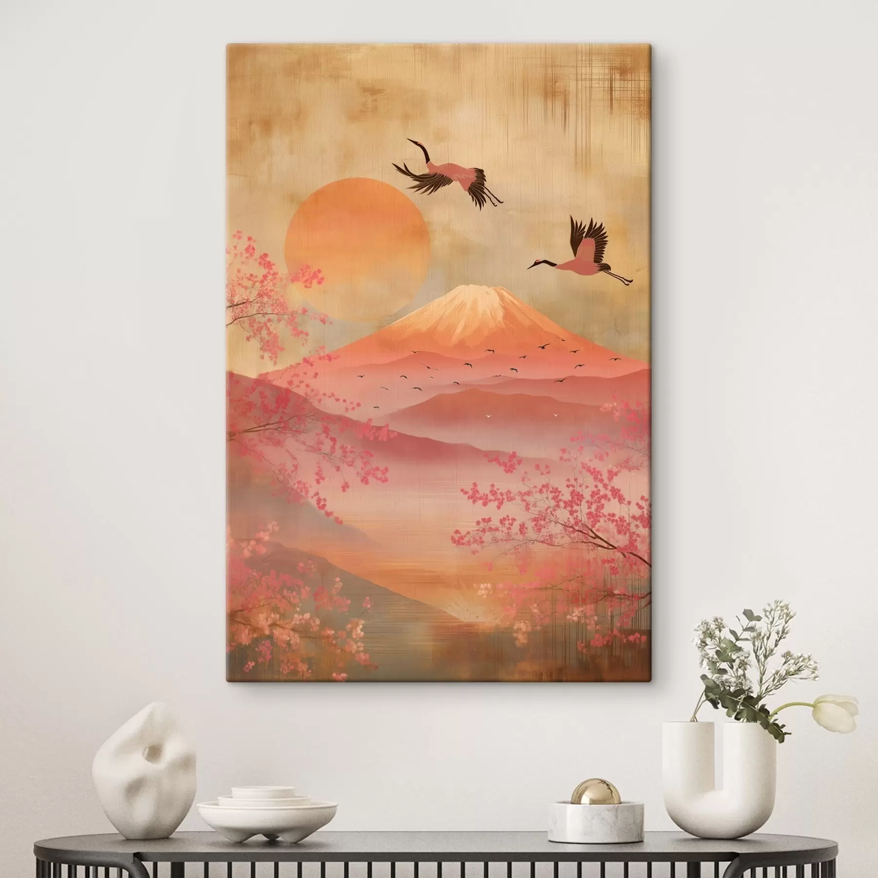 Obraz Žeriavy proti slnku a horám: ilustrácia v štýle digitálneho umenia s47992