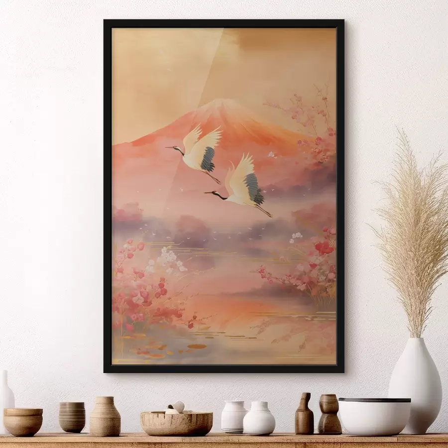 Fototapety Tradičný východný motív s kvetmi čerešne a žeriavmi f47991