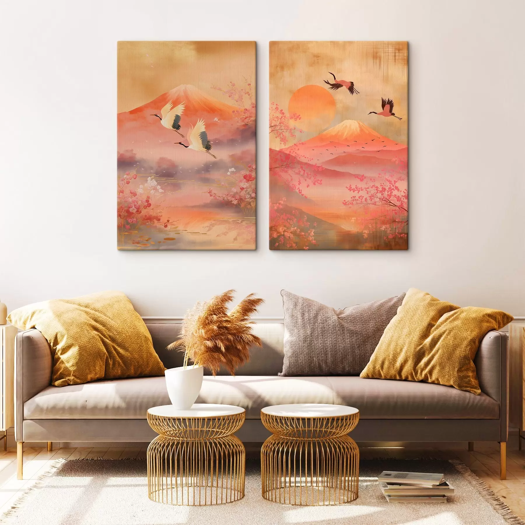 Obraz Japonská krajina s žeriavmi a horou Fuji v klasickom ilustračnom štýle m30042