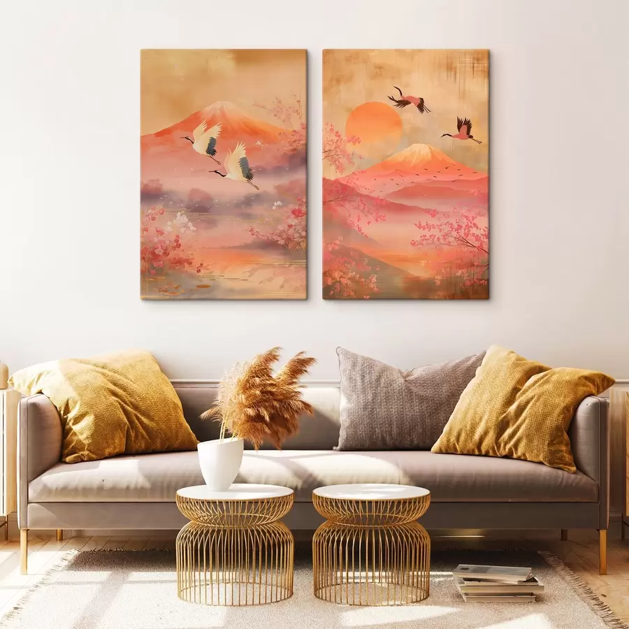 Fototapety Japonská krajina s žeriavmi a horou Fuji v klasickom ilustračnom štýle m30042