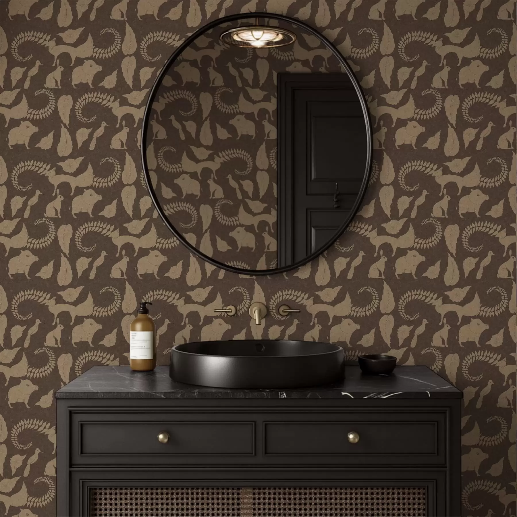 Fototapety Lesný vzor so zvieratami na hnedom pozadí a01121