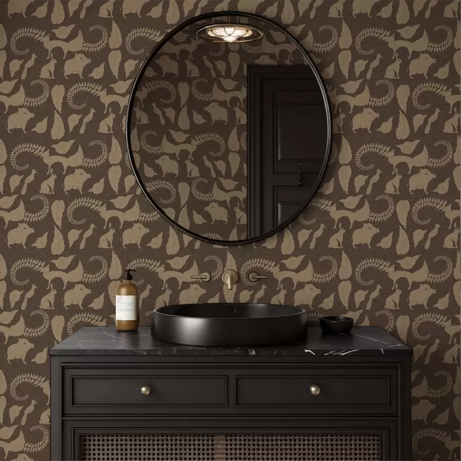 Fototapety Lesný vzor so zvieratami na hnedom pozadí a01121