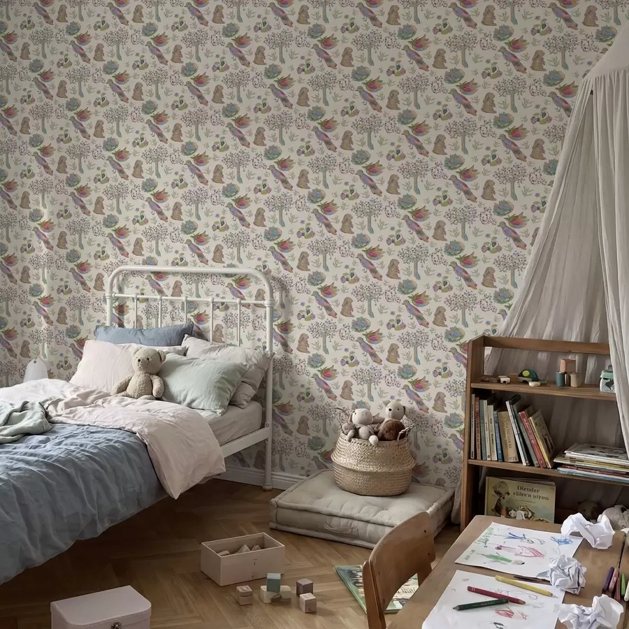 Fototapety Farebný detský vzor s vtákmi a zajacmi a01127