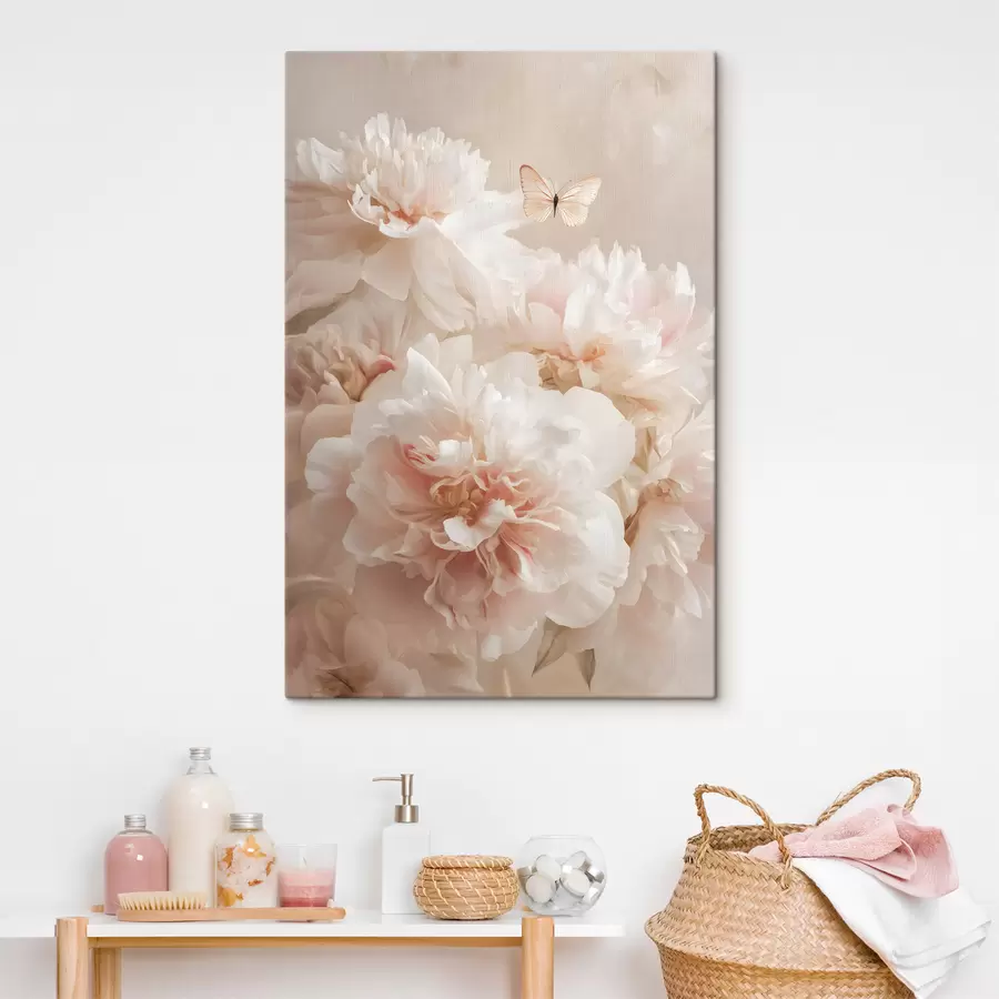 Obraz bujné ružové pivonky s motýľom s47954
