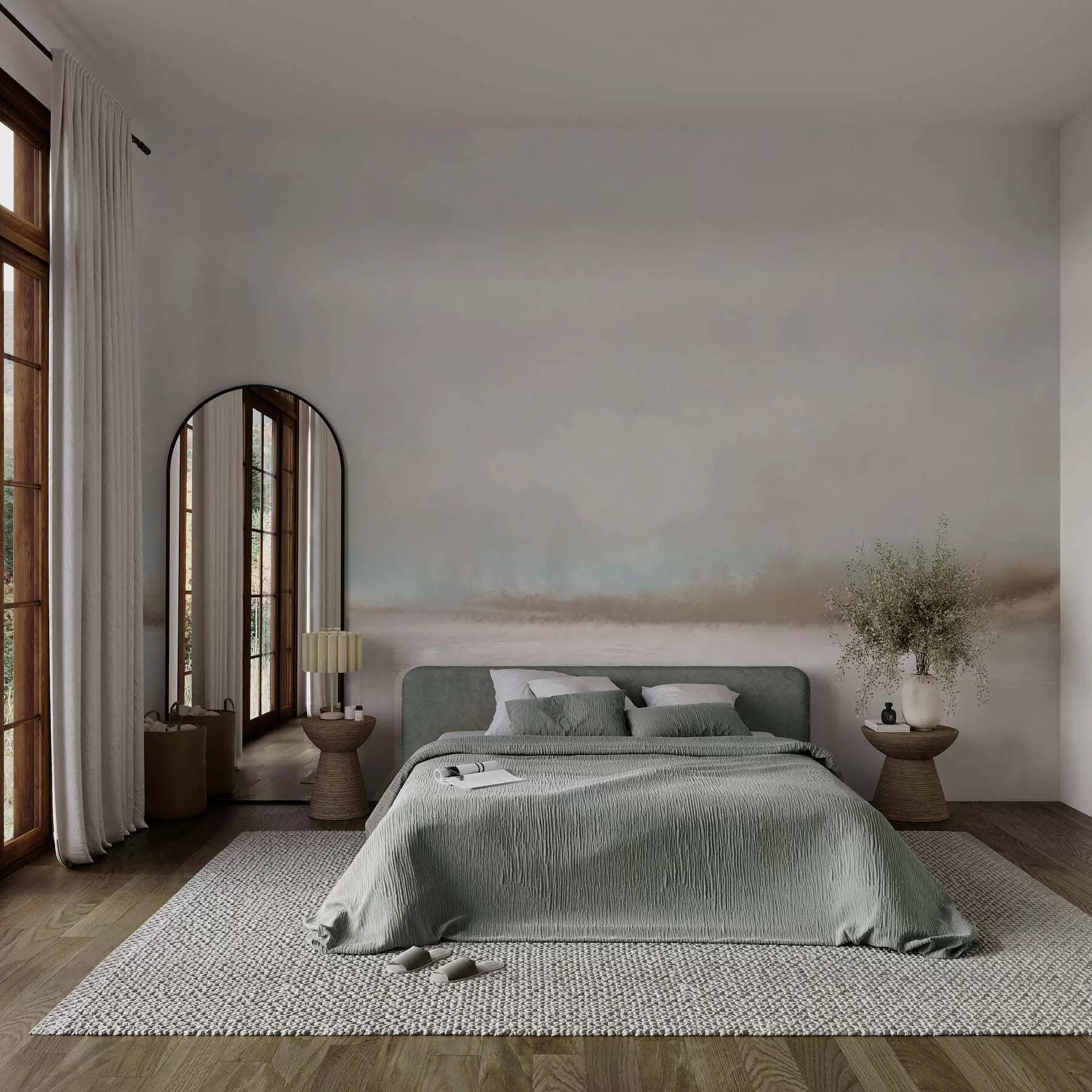 Fototapety Hmlistá krajina s jazerom a lesom w05319