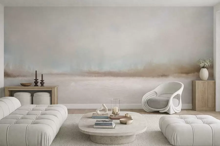 Fototapety Hmlistá krajina s jazerom a lesom w05319