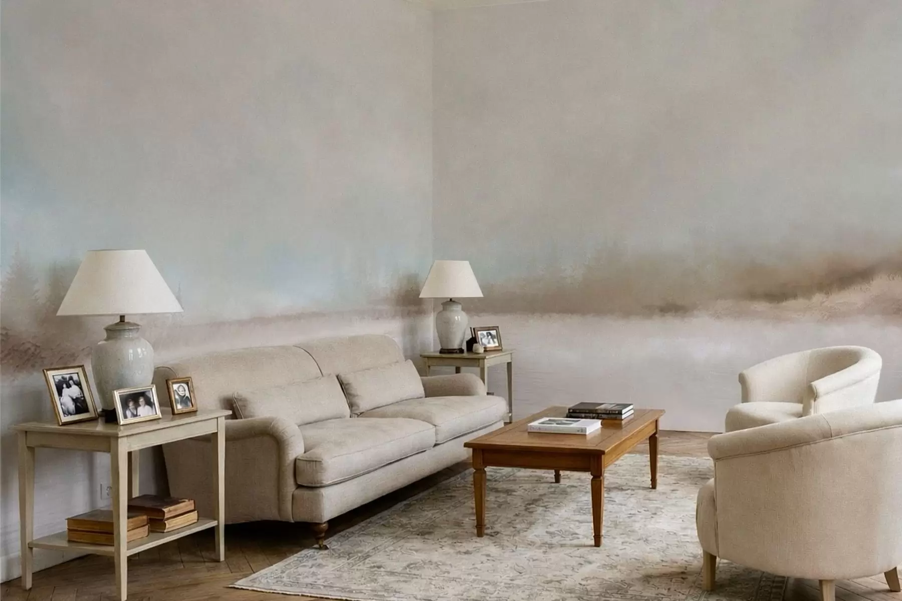 Fototapety Hmlistá krajina s jazerom a lesom w05319