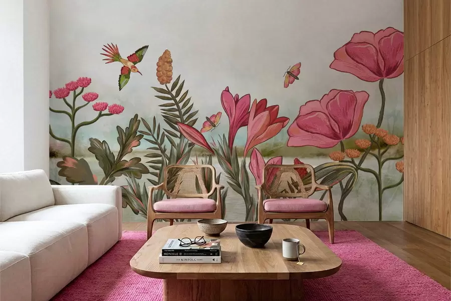 Fototapety Svetlé kvety s vtákmi a motýľmi w05321