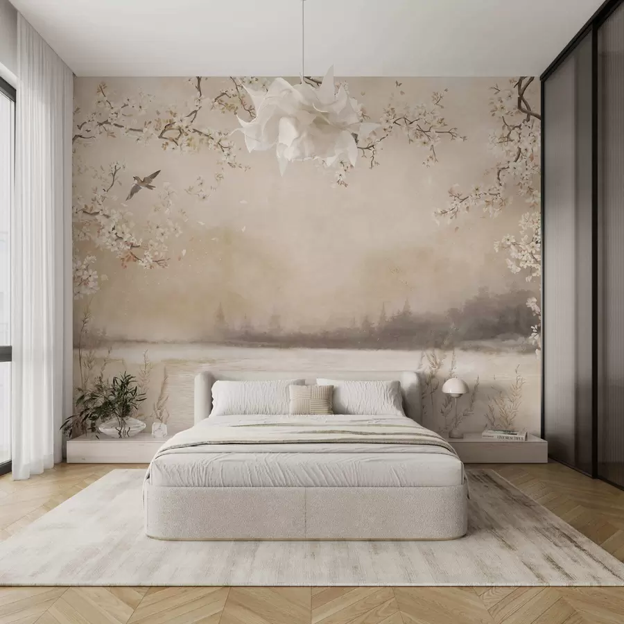 Fototapety Krehké kvitnúce vetvy pri jazere s vtákmi v ľahkej hmle w05155