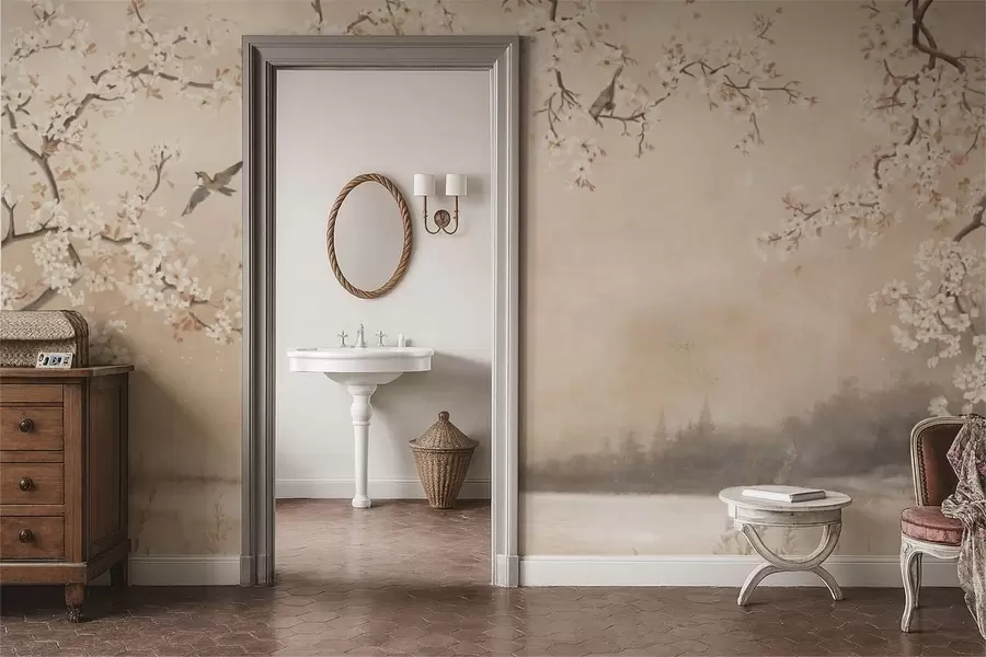 Fototapety Krehké kvitnúce vetvy pri jazere s vtákmi v ľahkej hmle w05155