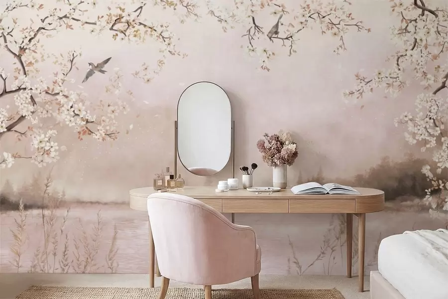 Fototapety Kvitnúce vetvy nad pokojným jazerom s vtákmi v hmle w05155v1