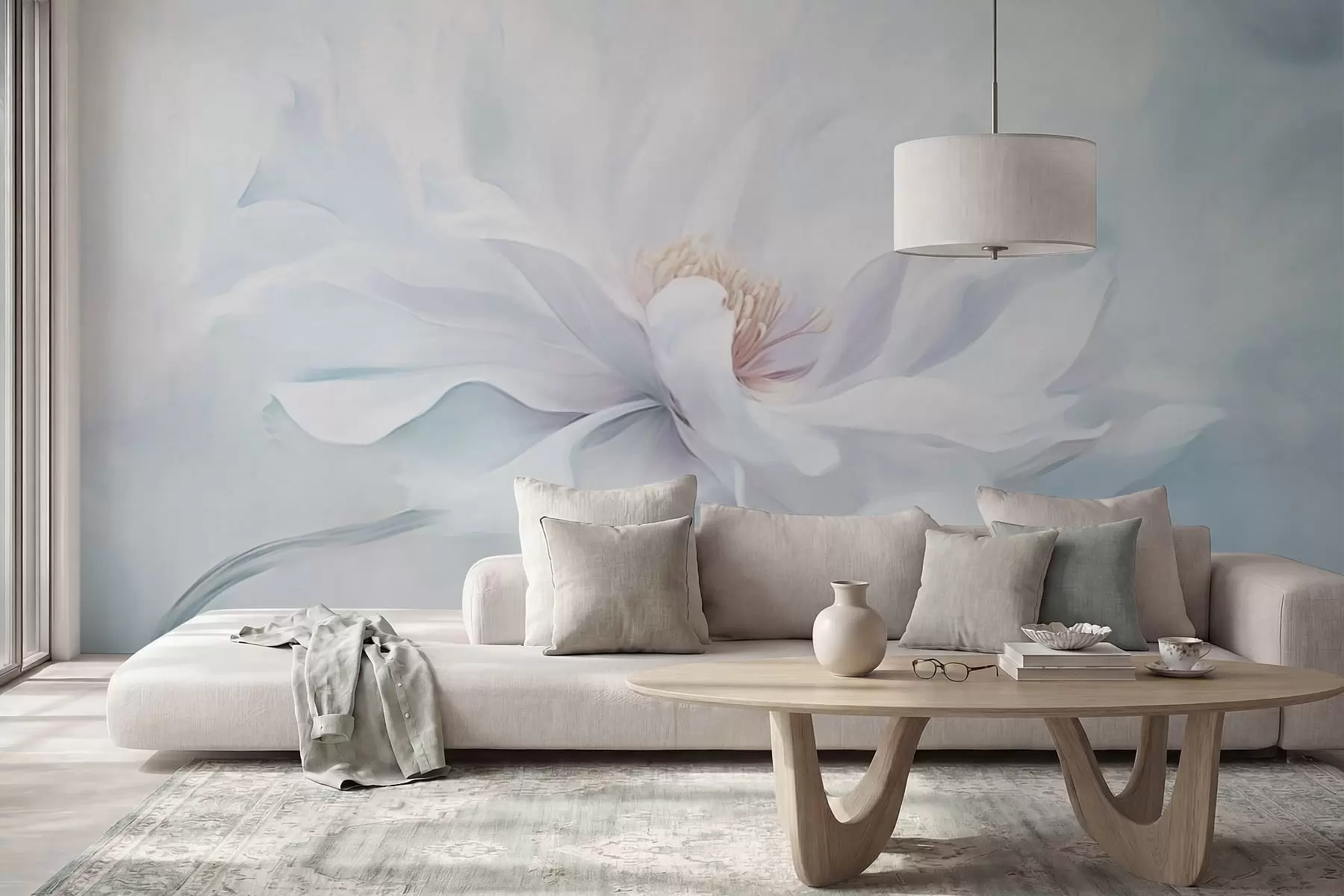 Fototapety Jemná biela kvetina s vlajúcimi okvetnými lístkami na modrom pozadí w05354