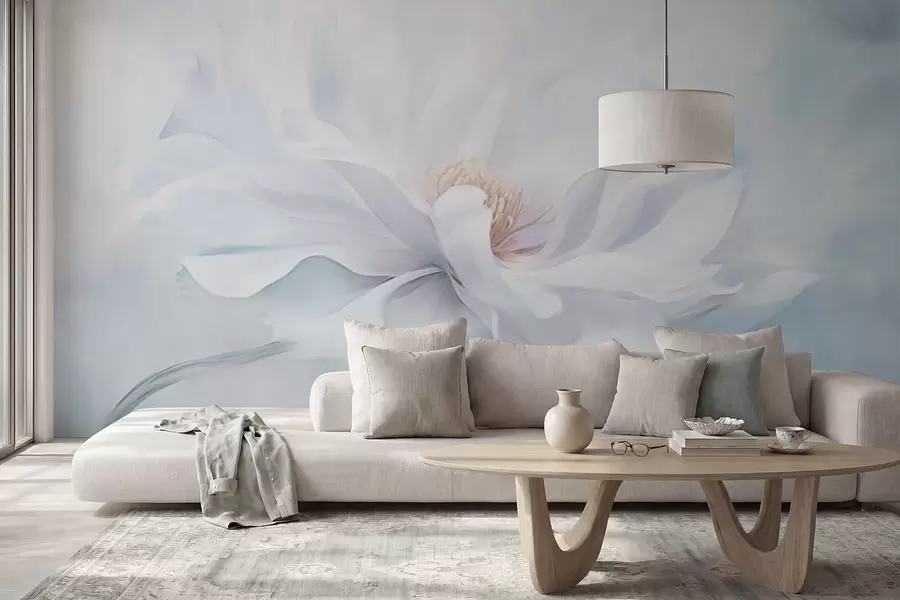 Fototapety Jemná biela kvetina s vlajúcimi okvetnými lístkami na modrom pozadí w05354