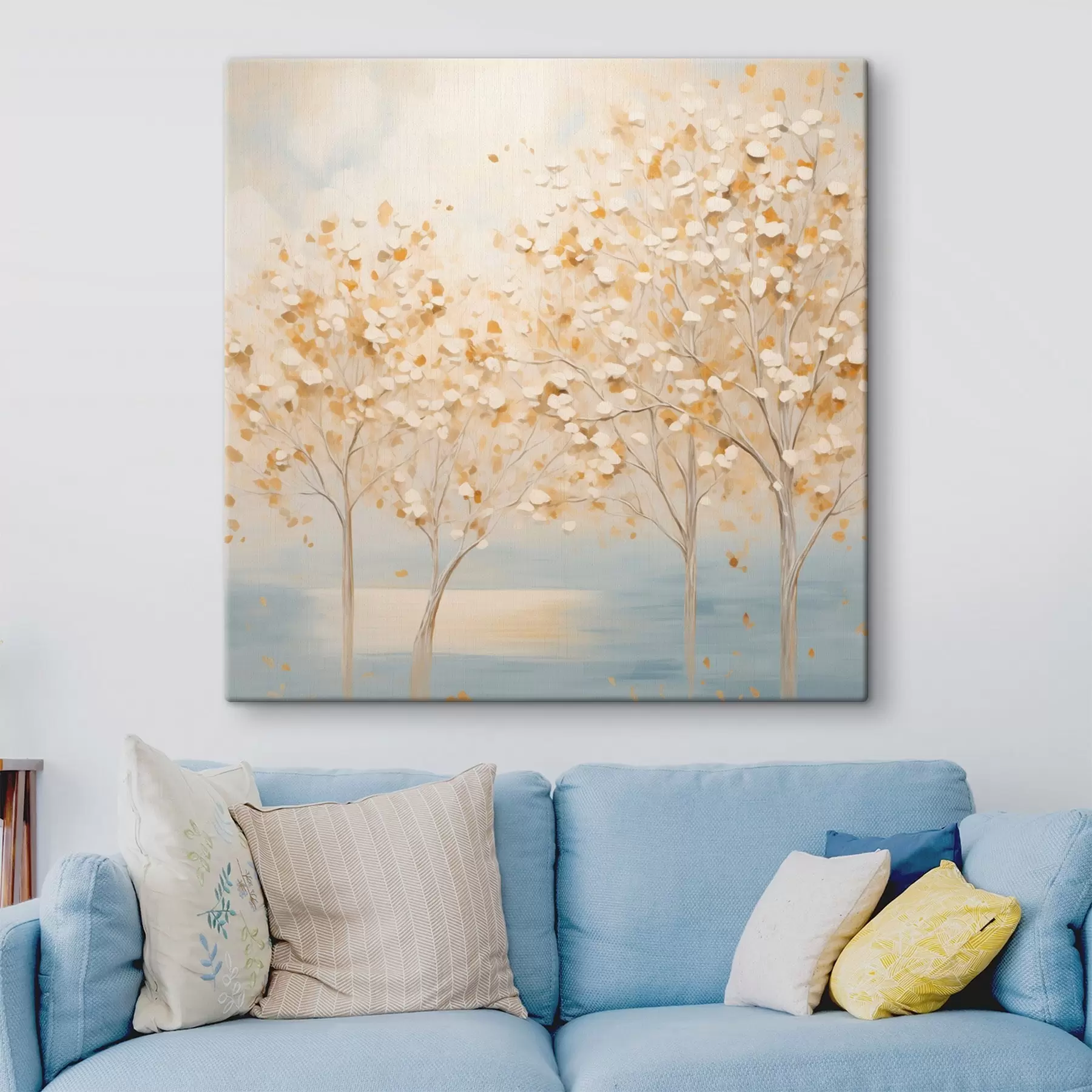 Obraz Textúrovaný maliarsky štýl znázorňujúci stromy s bielymi a žltými listami na svetlo modrom pozadí s48392