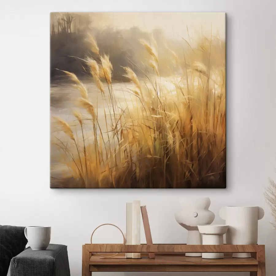 Obraz V popredí vysoká tráva so suchými klasmi, v pozadí jazero a stromy s48394