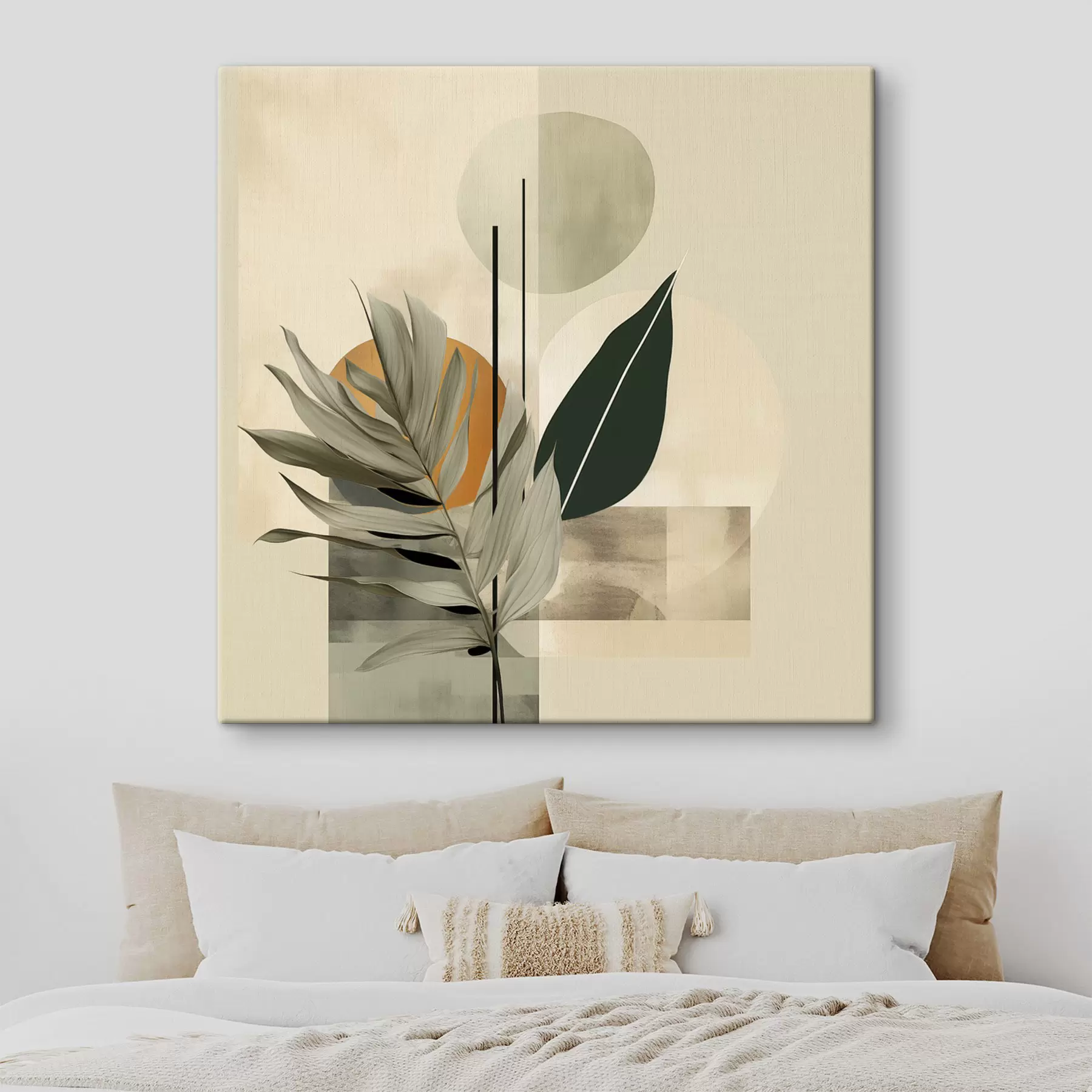 Obraz Tmavozelená rastlina s abstraktnými geometrickými tvarmi a akvarelovými textúrami v béžovej a zelenej farbe s48410