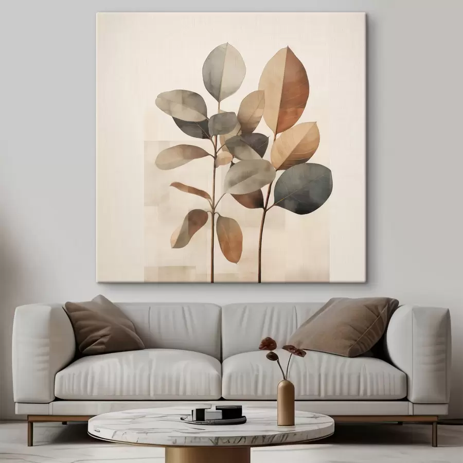 Obraz Vysoké rastliny s oválnymi listami v tlmených odtieňoch s abstraktnými obdĺžnikovými tvarmi s48413