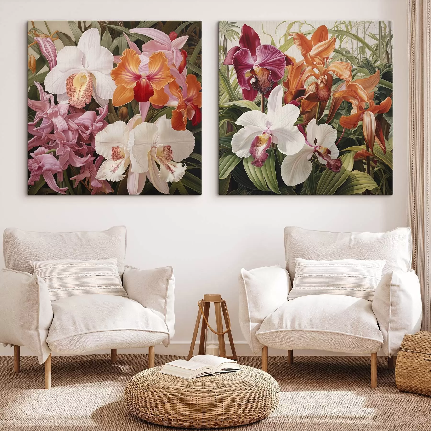 Obraz Kytica tropických kvetov, orchidey so zelenou zeleňou v pozadí m30197