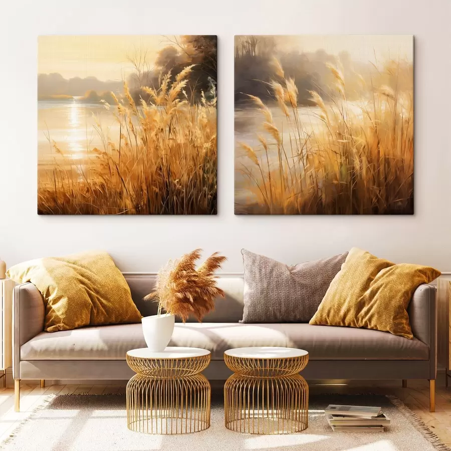 Obraz V popredí vysoká tráva so suchými klasmi, v pozadí jazero a stromy m30201