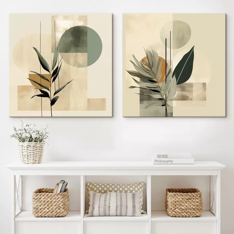 Obraz Tmavozelená rastlina s abstraktnými geometrickými tvarmi a akvarelovými textúrami v béžovej a zelenej farbe m30209
