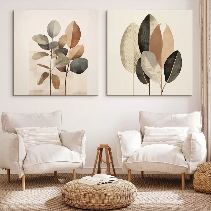 Obraz Vysoké rastliny s oválnymi listami v tlmených odtieňoch s abstraktnými obdĺžnikovými tvarmi m30211