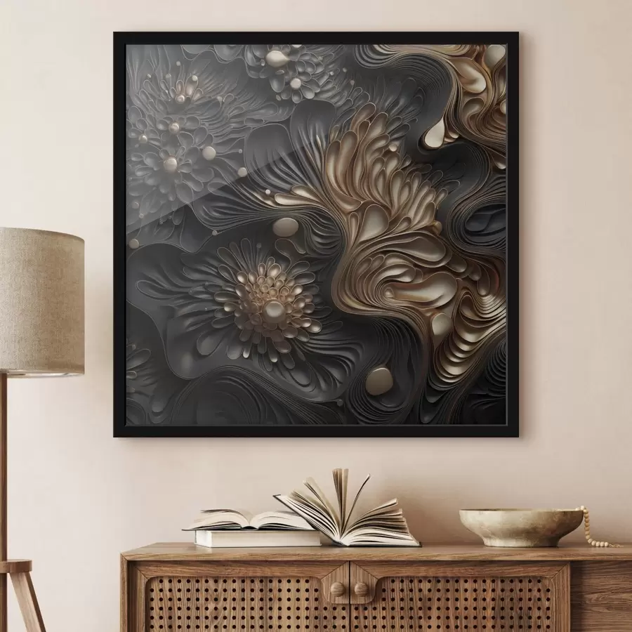 Fototapety Abstraktné, plynulé, organické tmavé tvary, ktoré vytvárajú textúrované dielo moderného umenia f48384