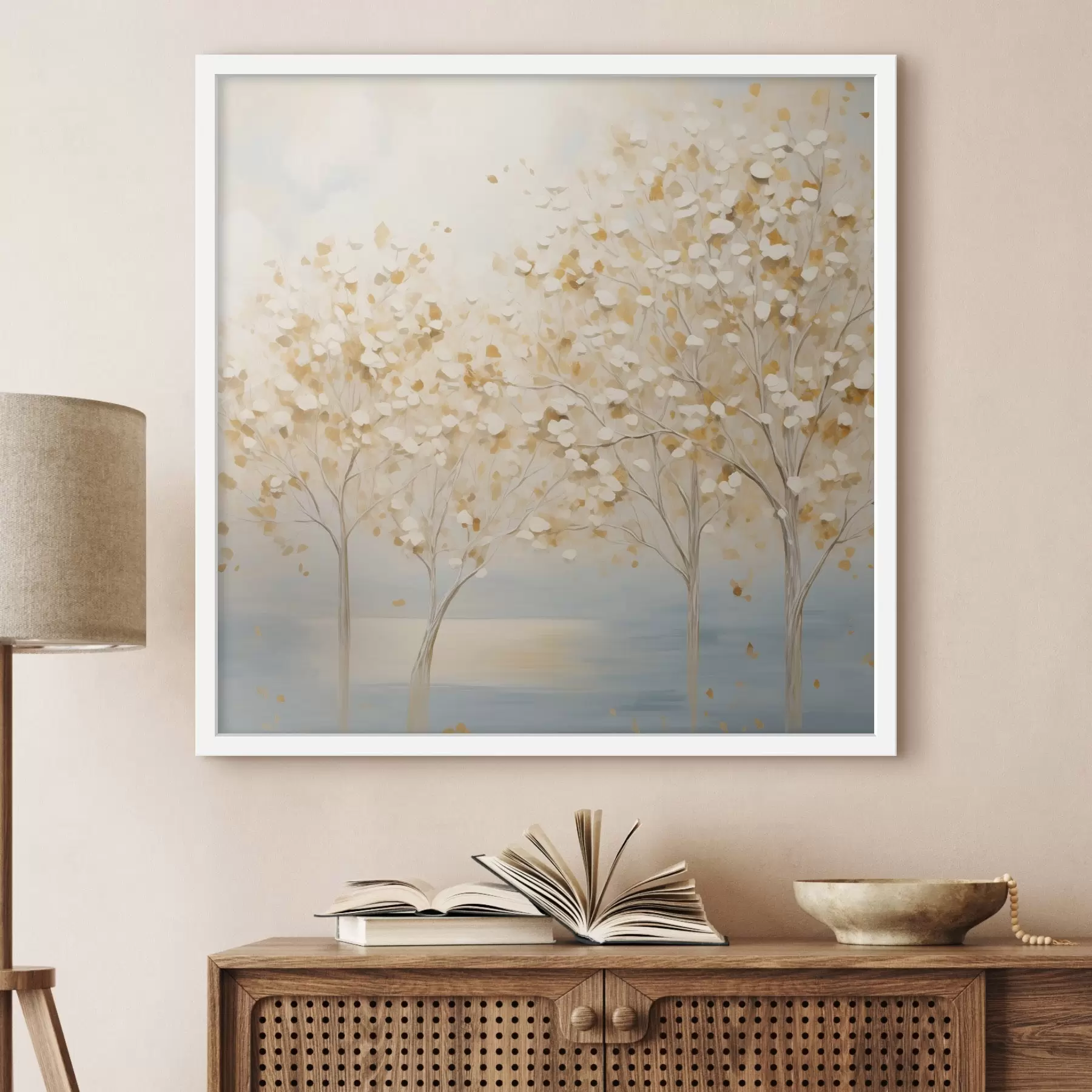 Fototapety Textúrovaný maliarsky štýl znázorňujúci stromy s bielymi a žltými listami na svetlo modrom pozadí f48392