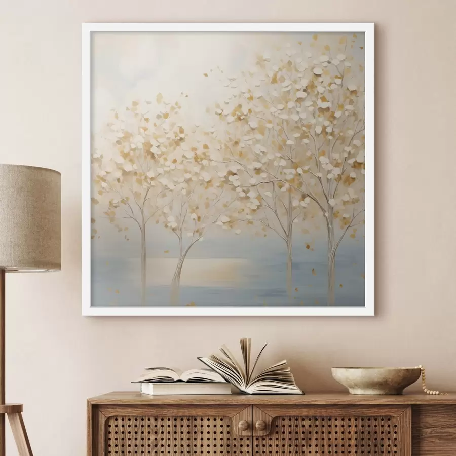 Fototapety Textúrovaný maliarsky štýl znázorňujúci stromy s bielymi a žltými listami na svetlo modrom pozadí f48392