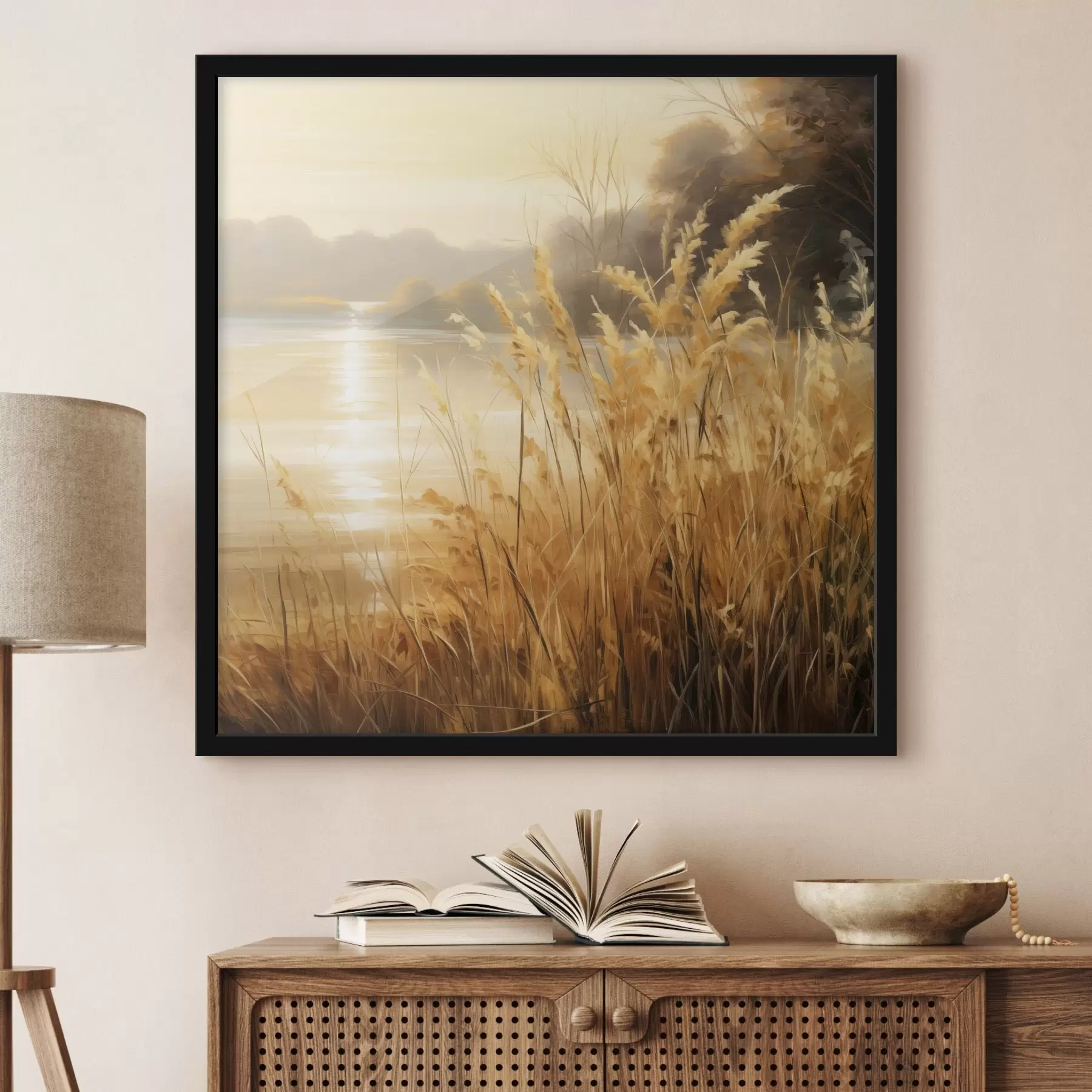 Fototapety V popredí vysoká tráva so suchými klasmi, v pozadí jazero a stromy f48393