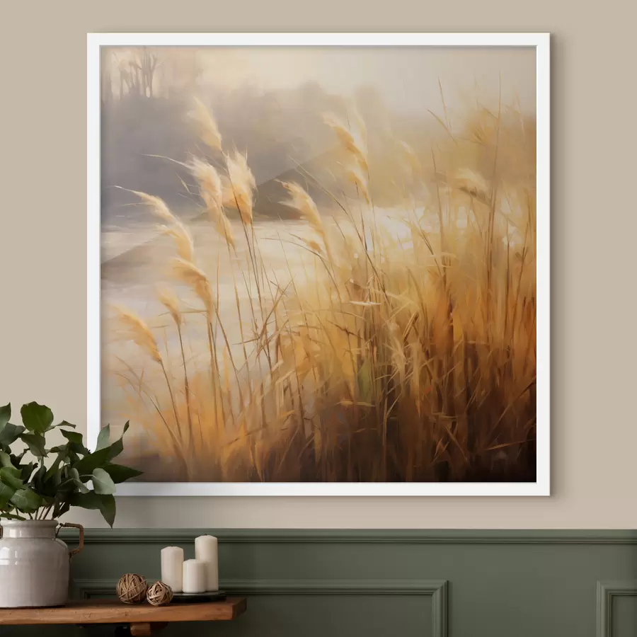 Fototapety V popredí vysoká tráva so suchými klasmi, v pozadí jazero a stromy f48394