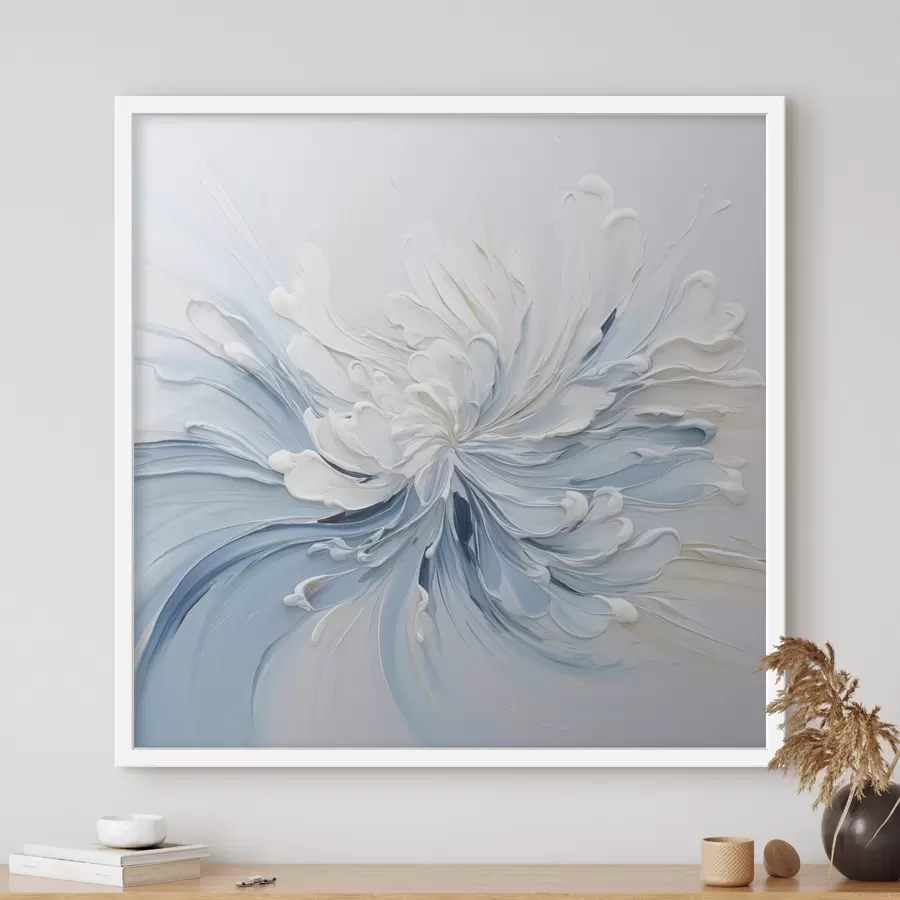 Fototapety Bielo-svetlomodrý abstraktný kvetinový vzor s textúrovanými okvetnými lístkami a vírivými čiarami f48396