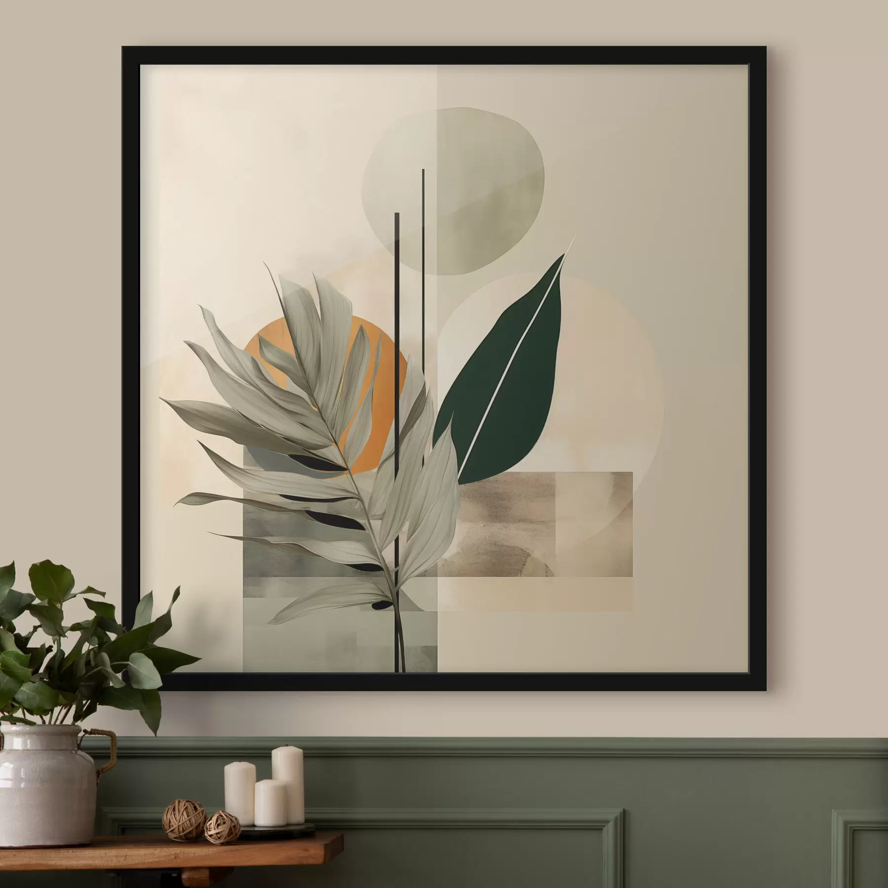 Fototapety Tmavozelená rastlina s abstraktnými geometrickými tvarmi a akvarelovými textúrami v béžovej a zelenej farbe f48410