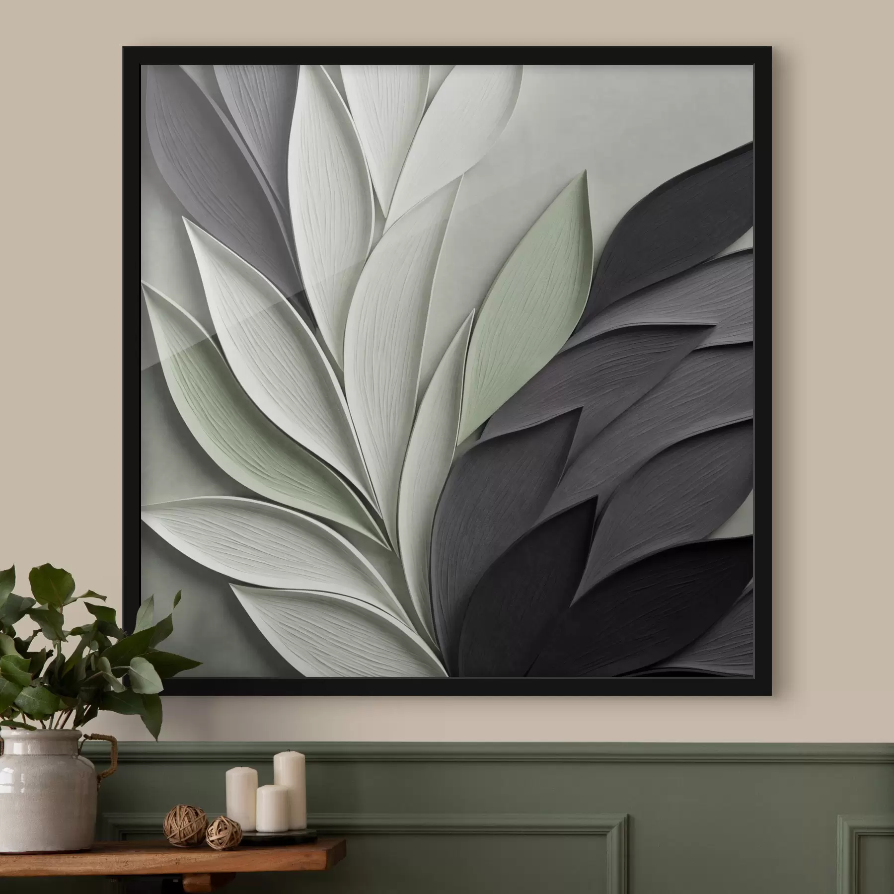 Fototapety Abstraktné štýlizované listy v odtieňoch šedej, bielej a tlmenej zelenej f48411