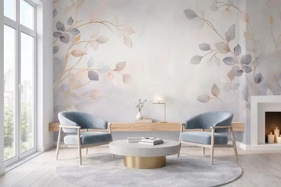 Fototapety Jemné vetvičky s lístkami na jemne rozmazanom pozadí w05296