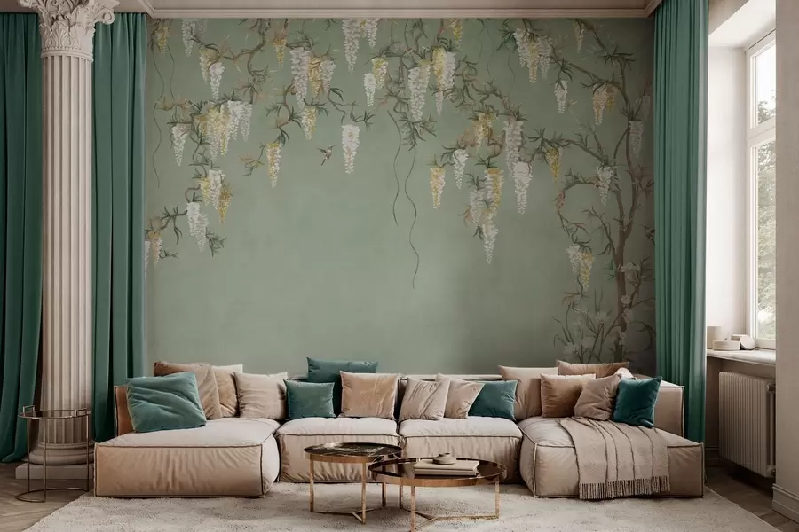 Fototapety Kvitnúce vetvičky s bielymi kvetmi a vtákmi na zelenom pozadí w05394