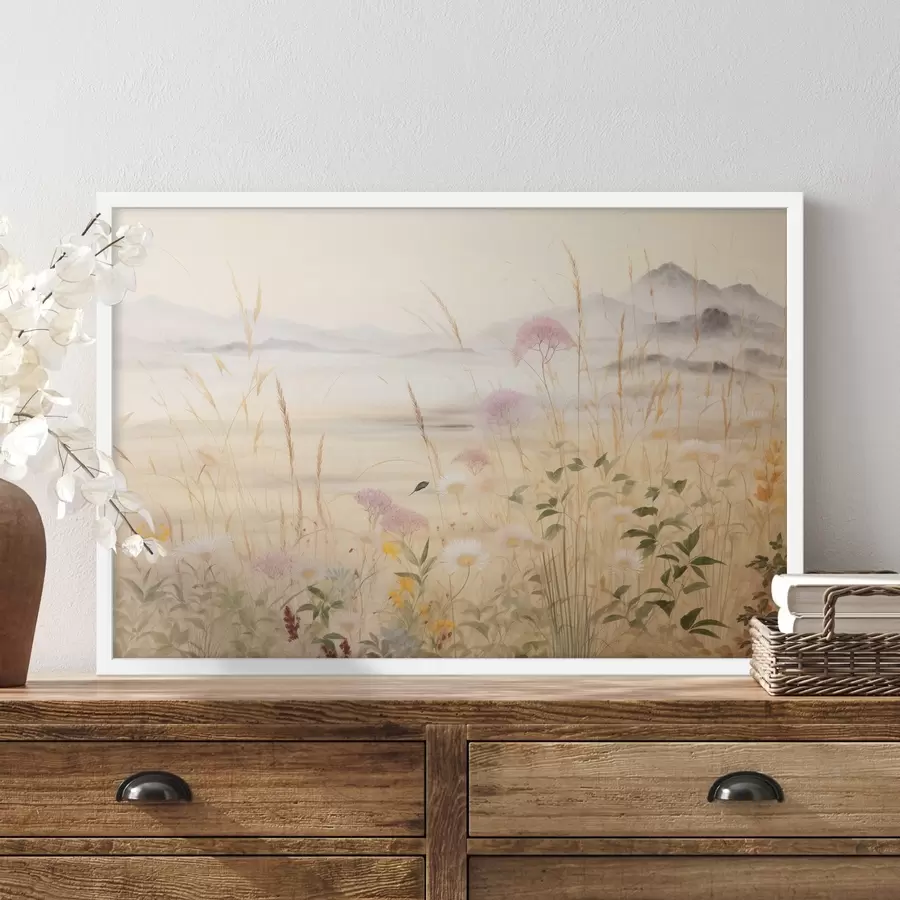 Fototapety Béžové kvetinové pole, lúčne trávy, jemná krajina f48480