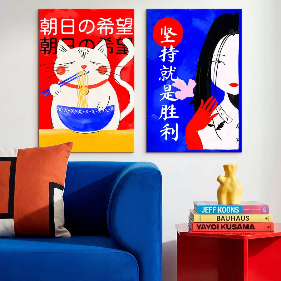 Obraz Dvojdielny obraz s mačkou a portrétom ženy v výraznom štýle m30233