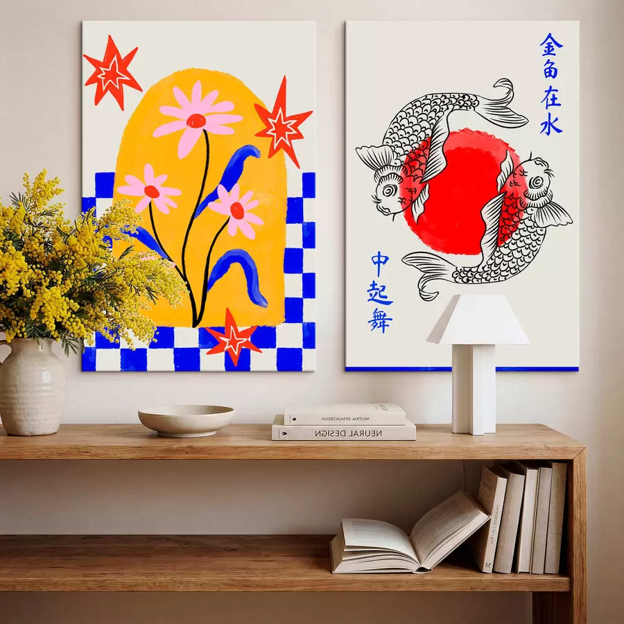 Obraz Dvojdielny obraz s mačkou a dvoma rybami v červeno-bielych odtieňoch m30235