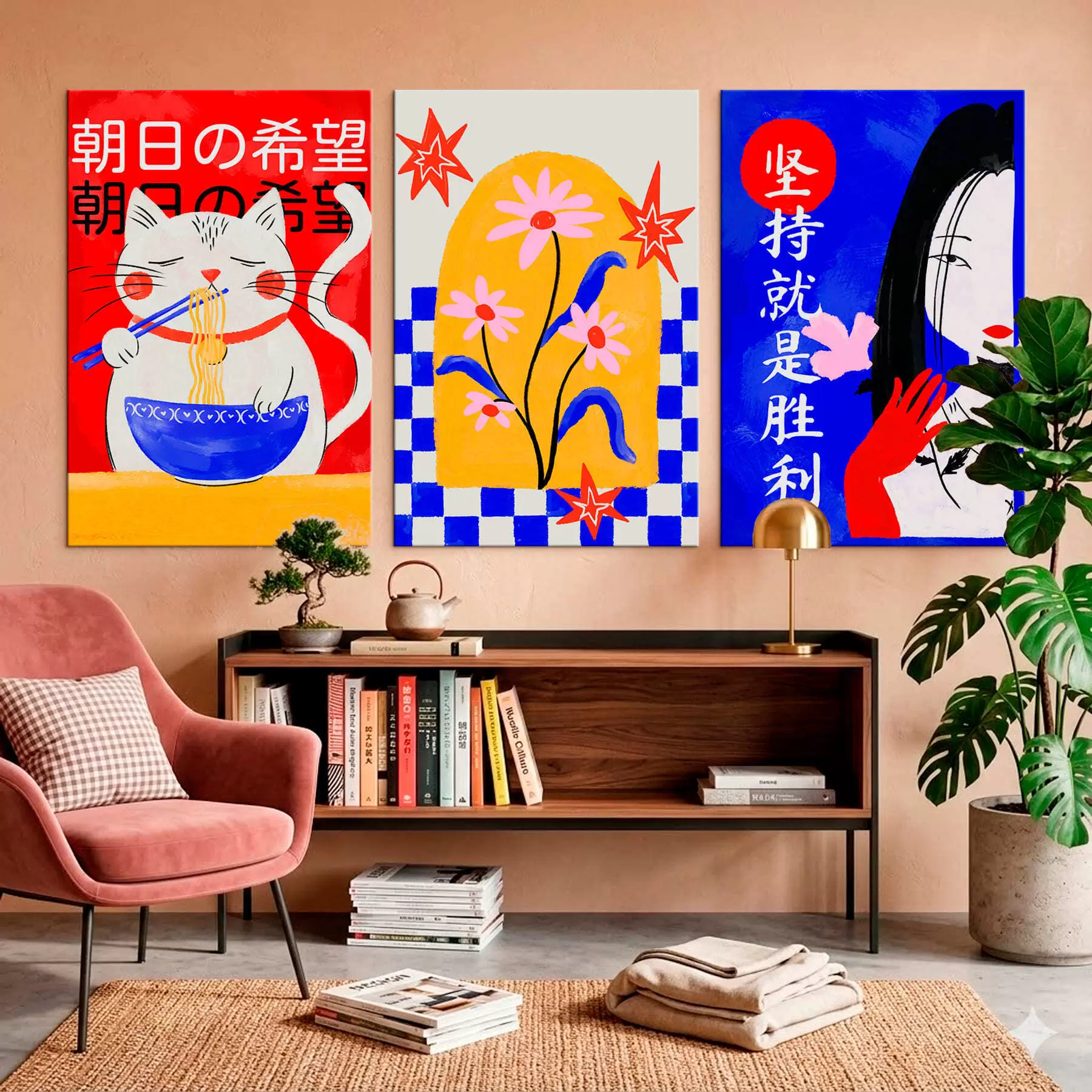 Obraz Triptych s mačkou, rybou a portrétom ženy m30240