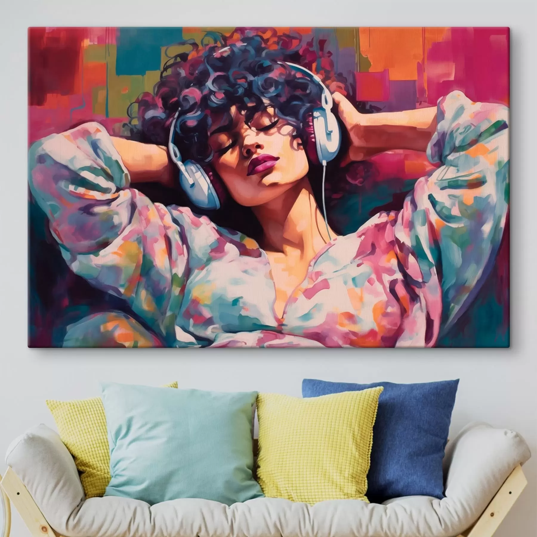 Obraz Žena so slúchadlami v štýle farebnej maľby s48335