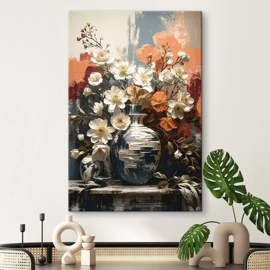 Obraz Kvety vo vázach pred textúrovanou stenou s48360
