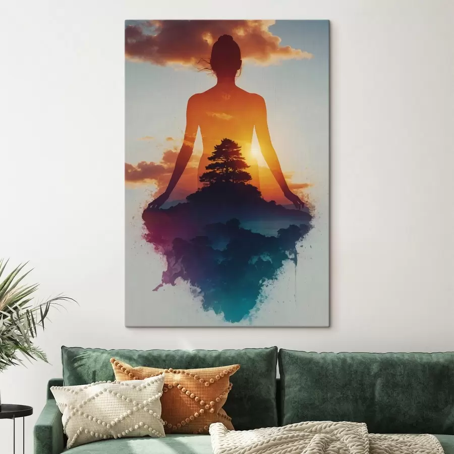 Obraz Ľudská silueta na pozadí krajiny pri západe slnka s48364