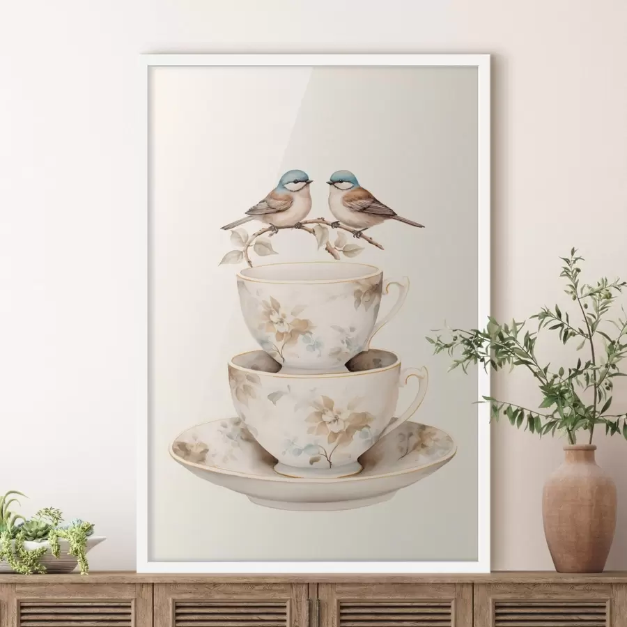 Fototapety Dva vtáky na konári nad šálkami na čaj f48347