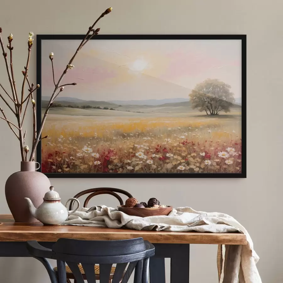 Fototapety Krajina s kvetinovým poľom a stromom na obzore f48355