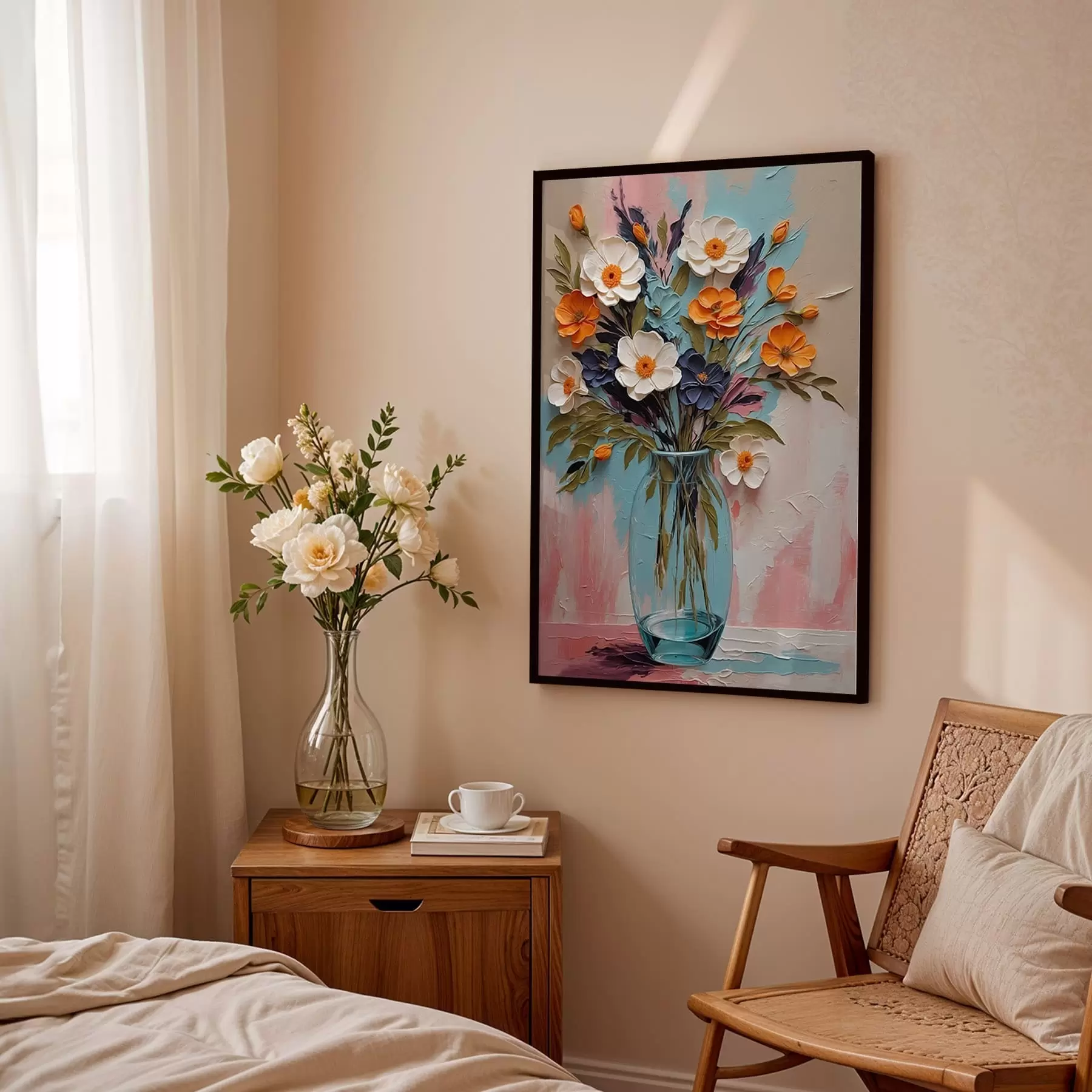 Fototapety Kytica v sklenenej váze na farebnom pozadí f48488